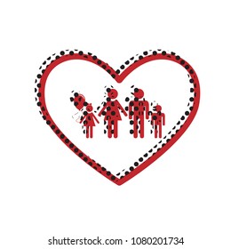Family sign illustration in heart shape. Vector. Brown icon with shifted black circle pattern as duplicate at white background. Isolated.
