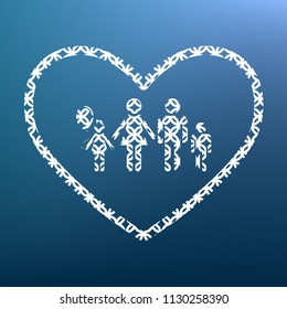 Family sign illustration in heart shape. Vector. White textured icon at lapis lazuli gradient background.