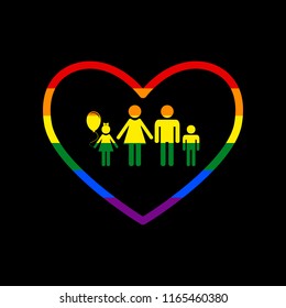 Family sign illustration in heart shape. Vector. Icon with colors of LGBT flag at black background.