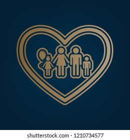 Family sign illustration in heart shape. Vector. Golden icon and border at dark cyan background.