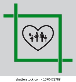 Family sign illustration in heart shape. Black icon inside green crop tool at light gray background