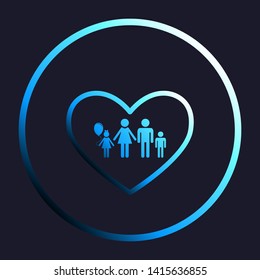 Family sign illustration in heart shape. White, cyan and blue gradient icon as round button in white shell at dark blue background. Illustration.