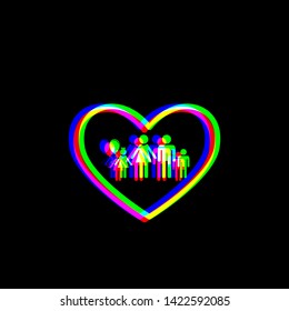 Family sign illustration in heart shape. Red, green and blue unfocused contour icon at black background. Illustration.