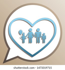 Family sign illustration in heart shape. Bright cerulean icon in white speech balloon at pale taupe background. Illustration.