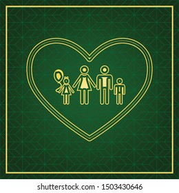 Family sign illustration in heart shape. Golden icon with gold contour at dark green gridded background. Illustration.