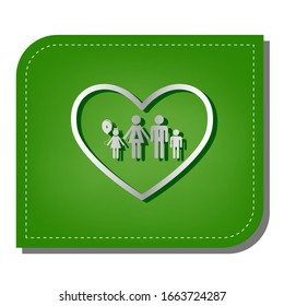 Family sign illustration in heart shape. Silver gradient line icon with dark green shadow at ecological patched green leaf. Illustration.
