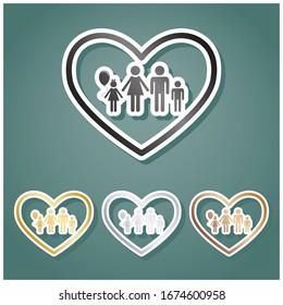 Family sign illustration in heart shape. Set of metallic Icons with gray, gold, silver and bronze gradient with white contour and shadow at viridan background. Illustration.
