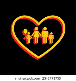 Family sign illustration in heart shape. 3D Extruded Yellow Icon with Red Sides a Black background. Illustration.