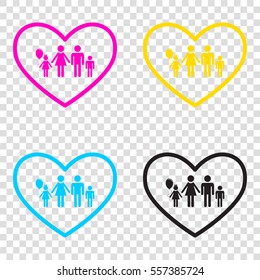 Family sign illustration in heart shape. CMYK icons on transparent background. Cyan, magenta, yellow, key, black.