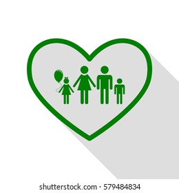 Family sign illustration in heart shape. Green icon with flat style shadow path.