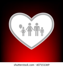 Family sign illustration in heart shape. Postage stam or old photo style on red-black gradient background.