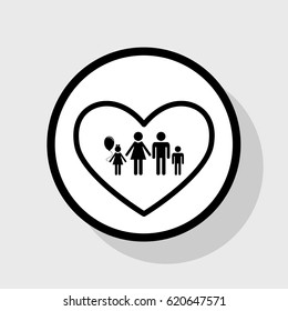Family sign illustration in heart shape. Vector. Flat black icon in white circle with shadow at gray background.