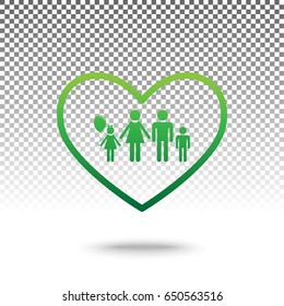 Family sign illustration in heart shape. Vector. Green gradient icon with shadow at bottom on transparent and white background.