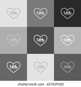 Family sign illustration in heart shape. Vector. Grayscale version of Popart-style icon.