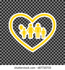 Family sign illustration in heart shape. Vector. Yellow icon with white contour on dark transparent background.