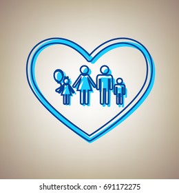 Family sign illustration in heart shape. Vector. Sky blue icon with defected blue contour on beige background.