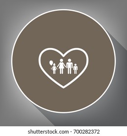 Family sign illustration in heart shape. Vector. White icon on brown circle with white contour and long shadow at gray background. Like top view on postament.