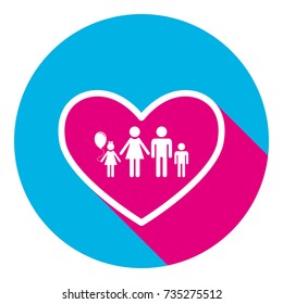 Family sign illustration in heart shape. Vector. Flat white icon with mexican pink shadow inside sky blue(S and G) circle at white background. Isolated. Trend colors in 2017.