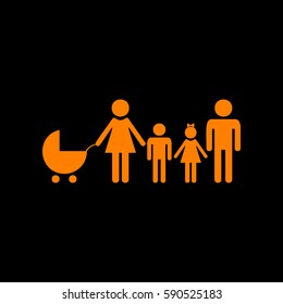 Family sign illustration. Orange icon on black background.