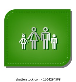 Family sign illustration. Silver gradient line icon with dark green shadow at ecological patched green leaf. Illustration.