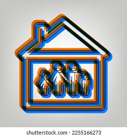 Family sign illustration. Stroked Icon in orange, azure and old lavender Colors at gray Background. Illustration.