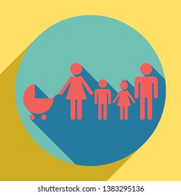 Family sign illustration. Sunset orange icon with llapis lazuli shadow inside medium aquamarine circle with different goldenrod shadow at royal yellow background.