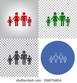 Family sign illustration. Vector. 4 styles. Red gradient in radial lighted background, green flat and gray scribble icons on transparent and linear one in blue circle.