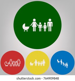 Family sign illustration. Vector. 4 white styles of icon at 4 colored circles on light gray background.