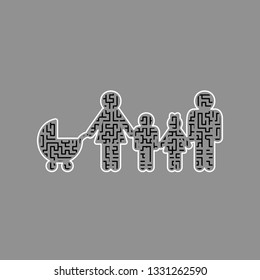 Family sign illustration. Vector. Black maze filled icon with white border at gray background.