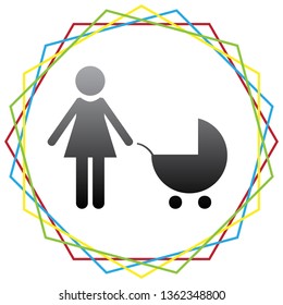 Family sign illustration. Vector. Black icon with patch of light inside colorful hexagonal frames at white background.