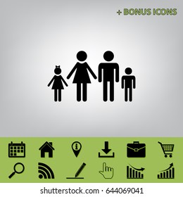 Family sign illustration. Vector. Black icon at gray background with bonus icons at celery ones