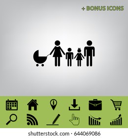 Family sign illustration. Vector. Black icon at gray background with bonus icons at celery ones