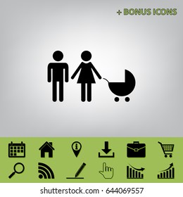 Family sign illustration. Vector. Black icon at gray background with bonus icons at celery ones