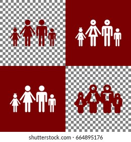 Family sign illustration. Vector. Bordo and white icons and line icons on chess board with transparent background.