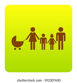 Family sign illustration. Vector. Brown icon at green-yellow gradient square with rounded corners on white background. Isolated.