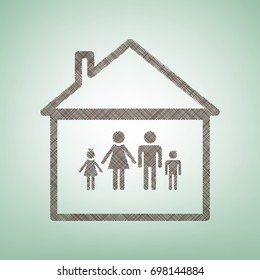 Family sign illustration. Vector. Brown flax icon on green background with light spot at the center.