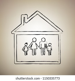 Family sign illustration. Vector. Brush drawed black icon at light brown background.