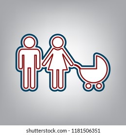 Family sign illustration. Vector. Dark red, transparent and midnight green stroke of white icon at grayish background.