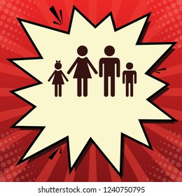 Family sign illustration. Vector. Dark red icon in lemon chiffon shutter bubble at red popart background with rays.