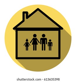 Family sign illustration. Vector. Flat black icon with flat shadow on royal yellow circle with white background. Isolated.