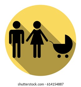 Family sign illustration. Vector. Flat black icon with flat shadow on royal yellow circle with white background. Isolated.