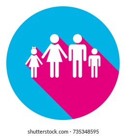 Family sign illustration. Vector. Flat white icon with mexican pink shadow inside sky blue(S and G) circle at white background. Isolated. Trend colors in 2017.