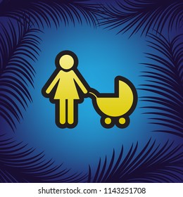 Family sign illustration. Vector. Golden icon with black contour at blue background with branches of palm trees.