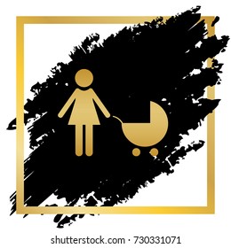 Family sign illustration. Vector. Golden icon at black spot inside golden frame on white background.