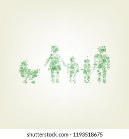 Family sign illustration. Vector. Green hexagon rastered icon and noised opacity and size at light green background with central light.
