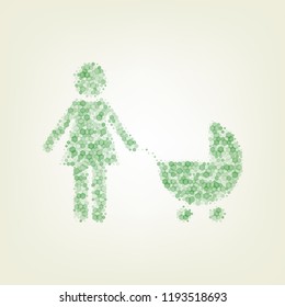 Family sign illustration. Vector. Green hexagon rastered icon and noised opacity and size at light green background with central light.
