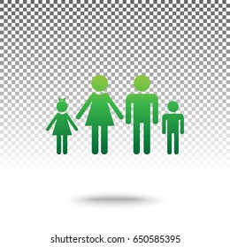 Family sign illustration. Vector. Green gradient icon with shadow at bottom on transparent and white background.