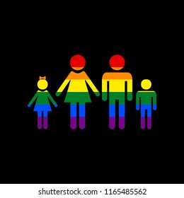 Family sign illustration. Vector. Icon with colors of LGBT flag at black background.