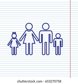 Family sign illustration. Vector. Navy line icon on notebook paper as background with red line for field.