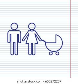 Family sign illustration. Vector. Navy line icon on notebook paper as background with red line for field.
